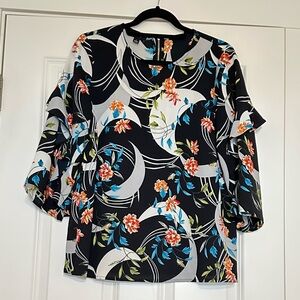 Black Floral Blouse with Ruffled Sleeves